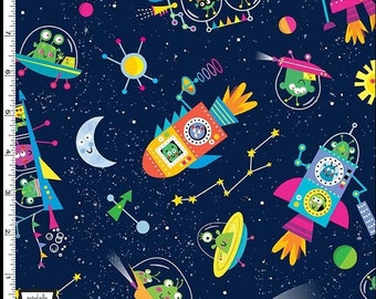 Monster Adventure Alien Fabric BTY Bright Colorful, Michael Miller DC10814-NAVY-D, Kids Silly Fun Monster Fabric By the Yard 100% Cotton