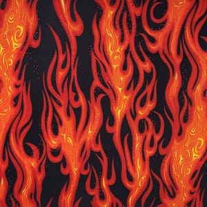 May include: A repeating pattern of stylized flames in shades of red, orange, and yellow against a black background. The flames have a dynamic, upward-flowing design, creating a fiery visual effect. This fabric design is suitable for apparel and home decor.