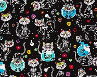 Day of the Dead Cat Skeletons with Fishbowls Fabric By the Yard, Timeless Treasures C4159, Dia de los Muertos Kawaii Kitty Cotton