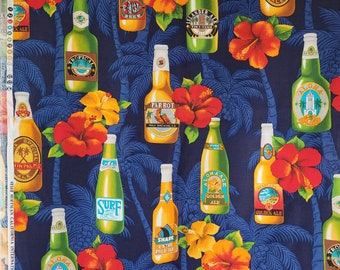 Beer and Hibiscus Flowers BTY, Hoffman California 49569 CRK 783, Tropical Floral Beer Bottles, 100% Cotton Fabric By the Yard