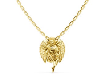 Solid Gold Guardian Angel Pendant Necklace, 8K 10K 14K 18K, Dainty Angel Charm