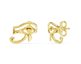 Solid Gold Eye of Horus Stud Earrings: Egyptian Jewelry