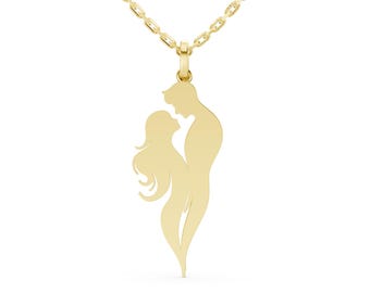 Solid Gold Couple Necklace, Handmade Lovers Silhouette Pendant