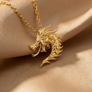 Solid Gold Dragon Head Pendant Necklace: Elegant Fantasy Jewelry