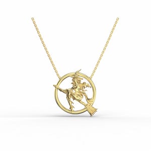 Beatiful Witch Gold Necklace, 8K, 10K, 14K, 18K Solid Gold Necklace, Fine Jewelry, Gothic Jewelry, Custom Jewelry
