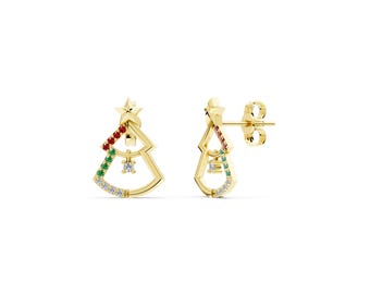Pine Tree Gold Earrings, 8K, 10K, 14K, 18K Solid Gold Stud Earrings, Zircon Stone Earrings, Handmade Jewelry, Perfect Gift for Nature Lovers
