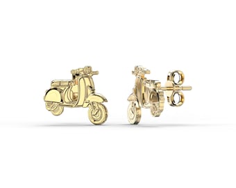 Scooter Gold Earrings, 8K, 10K, 14K, 18K Solid Gold Earrings, Minimalist Earrings, Fun Vespa Inspired Jewelry, Unique Gift for Traveler