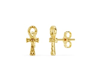 Ankh Gold Earrings, 8K, 10K, 14K, 18K Solid Gold, Egyptian Symbol Studs, Ancient Life Cross Jewelry, Spiritual Gold Earrings