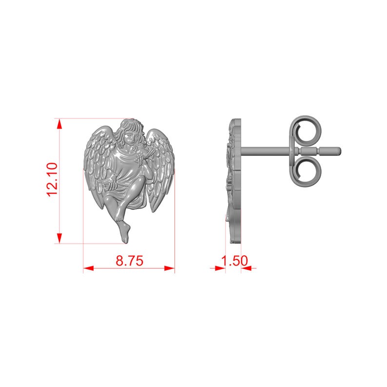 May include: A pair of silver-colored angel stud earrings. The angel is depicted in a seated position with detailed wings. The earrings measure 0.47 inches wide, 0.6 inches long, and 0.06 inches thick.