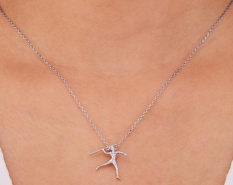 Javelin Throwing Girl Gold Pendant Necklace, 8K, 10K, 14K, 18K Solid Gold, Handmade Empowering Jewelry for Women, A Gift for Sports Lovers