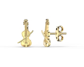 Violin Gold Earrings, 8K, 10K, 14K, 18K Solid Gold Earrings, Minimalist Earrings, Elegant Music-Inspired Jewelry, Perfect Gift for Musicians