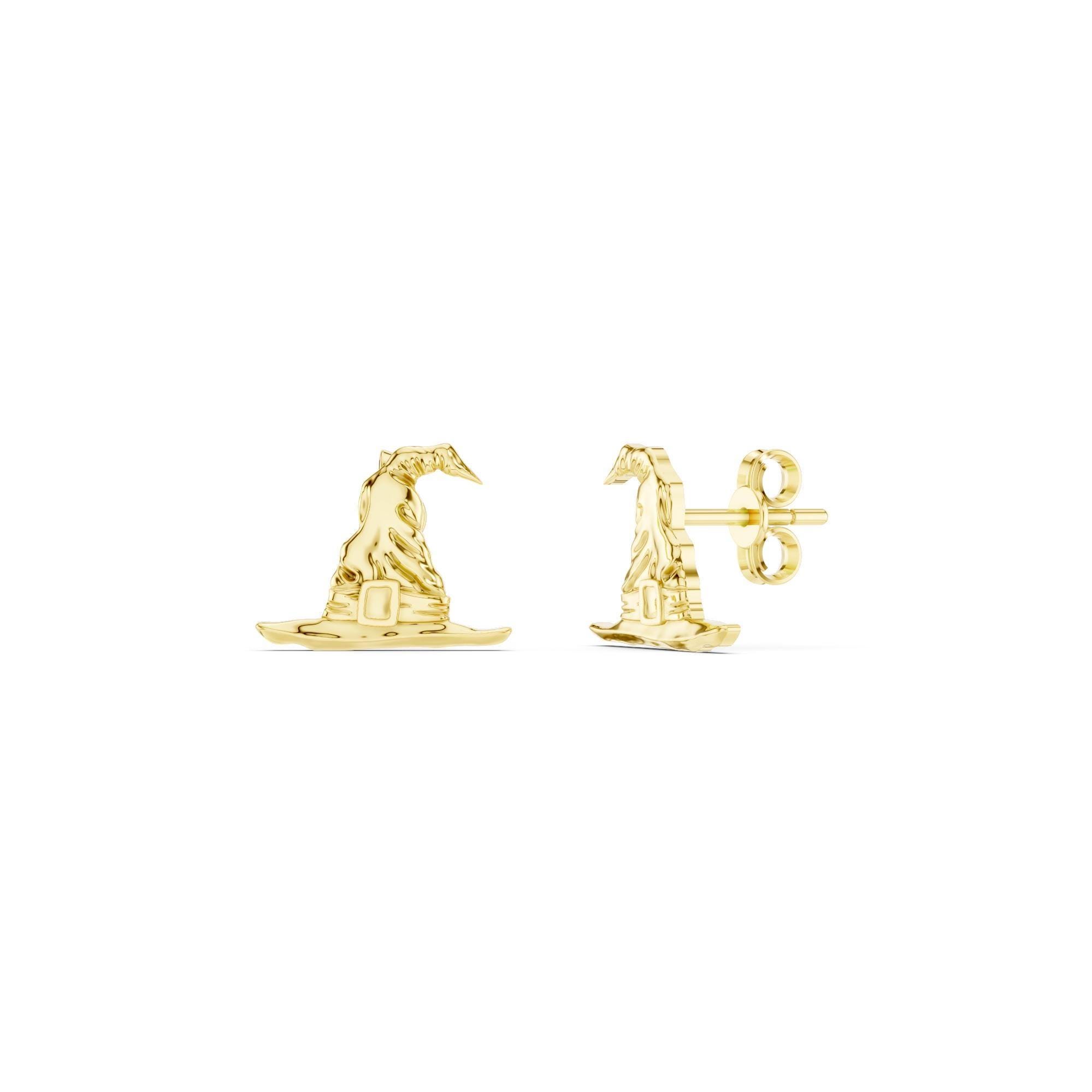 Witch Hat Gold Earrings, 8K, 10K, 14K, 18K Solid Gold Stud Earrings, Handmade Jewelry, Mystical & Magical Jewelry for Witches, Gift for Her
