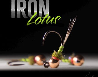 May include: A close-up of a green and red fly fishing lure with a copper bead. The lure is tied on a hook and has a feather tail. The text "IRON LOTUS" is visible in the background.