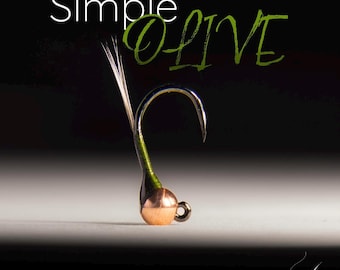 May include: A close-up of a simple olive fly fishing lure with a green body and a copper bead. The lure is tied on a hook with a white feather.