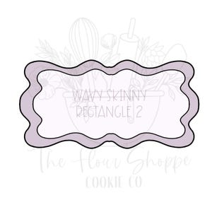 May include: A light purple wavy rectangle cookie cutter with the text "WAVY SKINNY RECTANGLE 2". The Flour Shoppe Cookie Co. is written at the bottom. The background has a drawing of kitchen utensils.