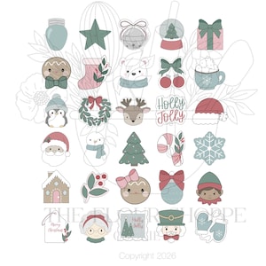 May include: A collection of thirty Christmas-themed cookie cutters featuring shapes like a star, gingerbread person, snowman, Santa, reindeer, snowflake, candy cane, wreath, and nutcracker, with the text "Holly Jolly" and "Merry Christmas".
