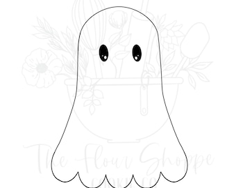 May include: A black and white line drawing of a ghost cookie cutter. The ghost has a rounded top, oval eyes, and a wavy bottom edge. The text "The Flour Shoppe Cookie Co." is at the bottom.