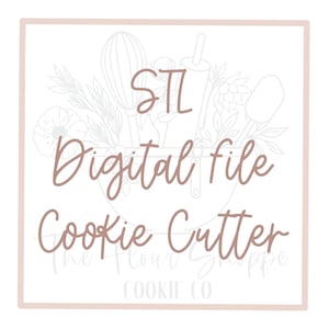 May include: A digital STL file for a cookie cutter. The image features a pink background with a white outline of a mixing bowl, whisk, rolling pin, and spatula. The text "STL Digital File Cookie Cutter" is written in a brown cursive font.