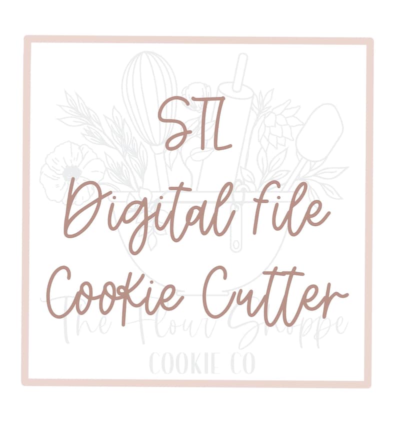 May include: A digital STL file for a cookie cutter. The image features a pink background with a white outline of a mixing bowl, whisk, rolling pin, and spatula. The text "STL Digital File Cookie Cutter" is written in a brown cursive font.