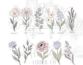 May include: A collection of floral cookie cutters in various shapes and colors, including anemone, cosmo, eucalyptus, freesia, hydrangea, lavender, lisianthus, tall leaf, peony, tulip, and wax flower. The text "Long Stem Flowers" is at the top.