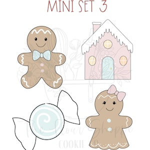 May include: A set of four gingerbread cookie cutters, including a gingerbread person, a gingerbread woman, a gingerbread house, and a candy cane. The cutters are made of metal and have a white outline.