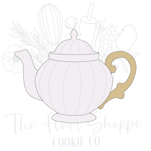May include: A white teapot with a gold handle and a ribbed design. The teapot has a lid with a knob on top. The teapot is isolated on a white background.
