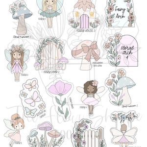 May include: A collection of whimsical fairy-themed illustrations. The designs include fairies, floral arches, mushrooms, a fairy house, a garden gate, and butterflies. Soft pastel colors of pink, blue, and beige are used throughout the designs.