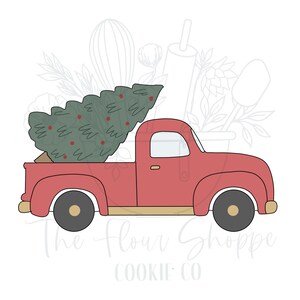 May include: A red vintage pickup truck with a green Christmas tree in the bed. The truck has a white cab and black wheels.