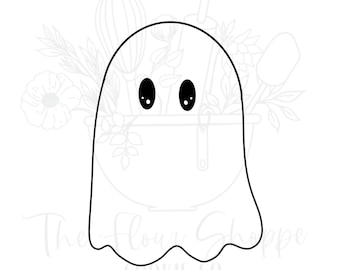 May include: A black and white ghost-shaped cookie cutter with two oval eyes. The ghost has a wavy bottom edge. The Flour Shoppe Cookie Co. is printed at the bottom of the image. The background has floral and kitchen utensil illustrations.