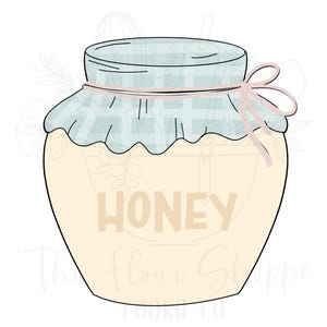 May include: A yellow honey jar with a blue and white checkered lid and a pink ribbon. The jar has the word "HONEY" written on it in a brown font.