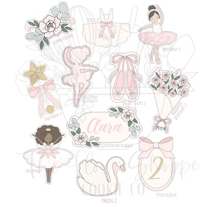 May include: A collection of eleven cookie cutters featuring a floral arrangement, a tutu, a ballerina, a star wand, a ballerina silhouette, ballet shoes, a flower bouquet, a plaque with the name Clara, a ballerina, a swan, and a plaque with the number 2.