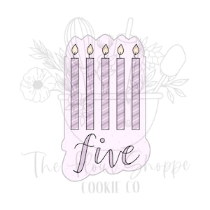May include: A cookie cutter in the shape of five candles with the word "five" in cursive. The candles are purple with white diagonal stripes. The flames are yellow. The background has floral and kitchen utensil illustrations.