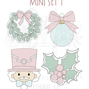 May include: A set of four Christmas cookie cutters. The cutters are in the shape of a wreath, a Christmas ornament, a holly sprig, and a nutcracker. The cutters are outlined in black and filled with pastel colors.
