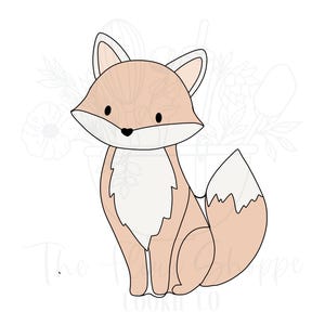 May include: A cartoon illustration of a fox in a sitting position. The fox is primarily peach-colored with a white chest and tail tip. It has black eyes and a black nose. The image has a clean, minimalist design, suitable for cookie cutters or similar crafts.