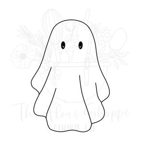 May include: A black and white line drawing of a ghost with two black oval eyes. The ghost is wearing a sheet with rounded edges. The background includes a floral design and the text "The Flour Shoppe Cookie Co."