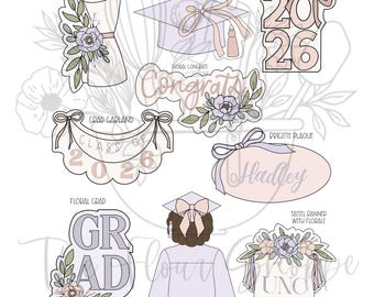 2026 Floral Graduation Cookie Cutter Set High School Senior, Girly Grad Party Cookie Cutters