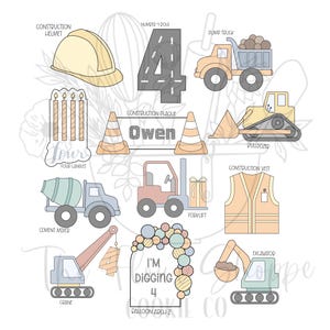 May include: A collection of construction-themed illustrations, including a hard hat, dump truck, bulldozer, and crane. The number 4 is featured prominently, along with the text "I'm Digging 4". The color palette includes beige, orange, blue, and gray.