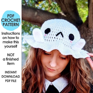 Shy Ghost Bucket Hat Crochet Pattern, Crochet Hat Pattern, Kawaii ghost halloween hat image 1