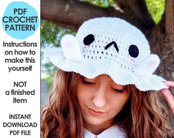 Shy Ghost Bucket Hat Crochet Pattern, Crochet Hat Pattern, Kawaii ghost halloween hat