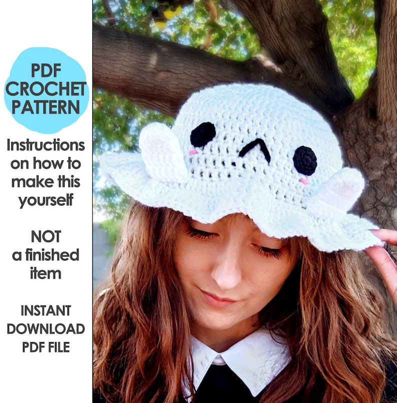 Shy Ghost Bucket Hat Crochet Pattern, Crochet Hat Pattern, Kawaii ghost halloween hat image 1