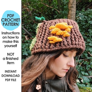 May include: A crochet pattern for a brown and yellow mushroom hat. The pattern includes instructions on how to make the hat yourself.  PDF download.