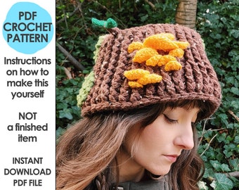 Forest Spirit Bucket Hat Crochet Pattern, Mossy Tree Stump with Mushrooms, mori girl, cottagecore, bog witch aesthetic