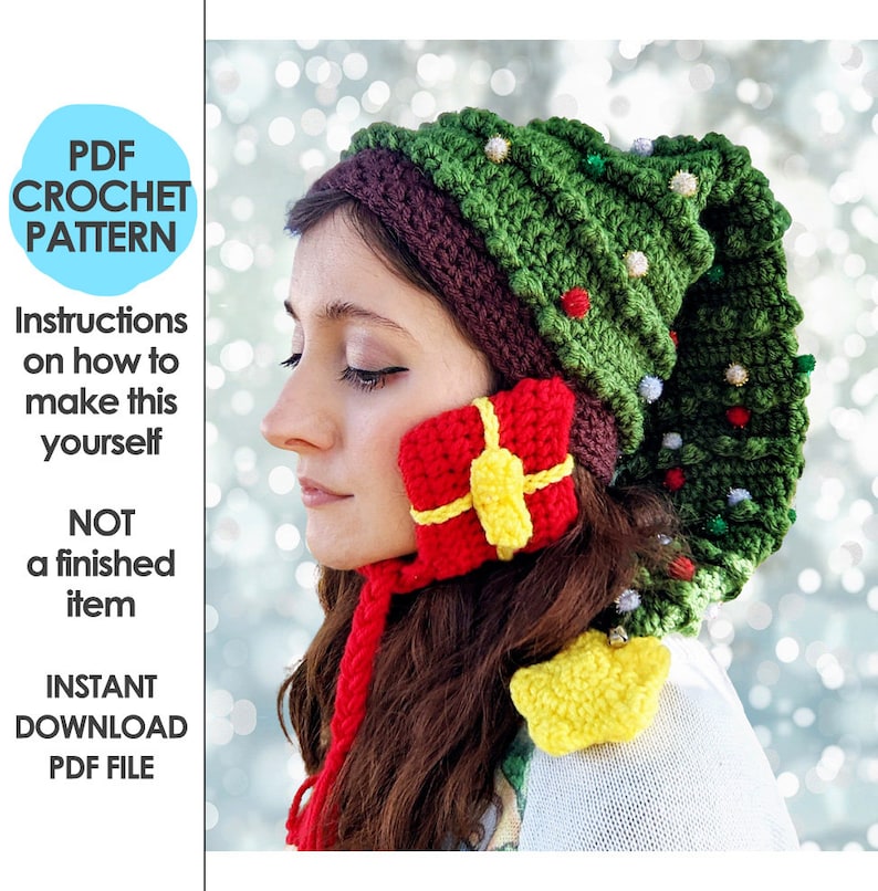 crochet christmas hat pattern, christmas tree hat, novelty christmas hat, crochet christmas tree, ugly sweater party, christmas crochet image 1