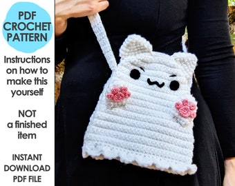 Ghost Cat Crossbody Bag Crochet Pattern, Halloween Kitty, Crochet Purse, Kawaii