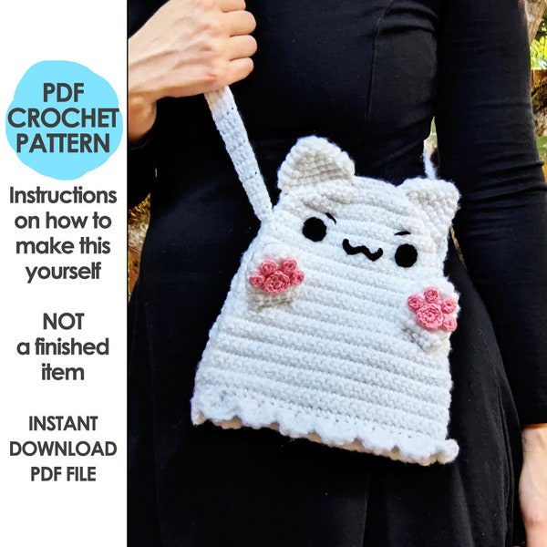 Ghost Cat Crossbody Bag Crochet Pattern, Halloween Kitty, Crochet Purse, Kawaii