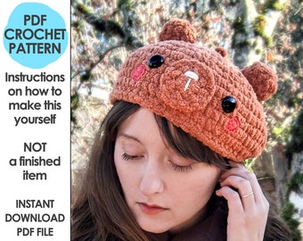 Plushie Bear Beret Crochet Pattern, Kawaii Bear Hat, Plush Blanket Yarn Stuffed Animal Novelty Hat