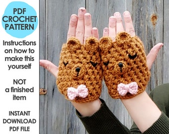 fingerless bear gloves crochet pattern, texting gloves, fingerless mittens, crochet animal gloves, hand warmers, mori girl, cottage core