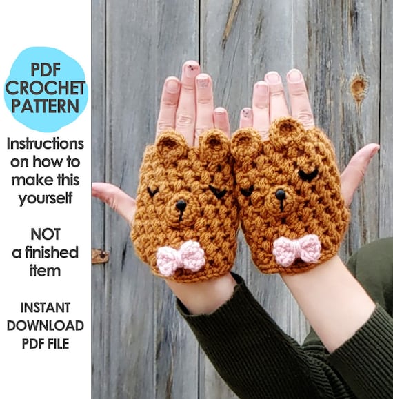 Fingerless Bear Gloves Crochet Pattern, Texting Gloves, Fingerless Mittens,  Crochet Animal Gloves, Hand Warmers, Mori Girl, Cottage Core 