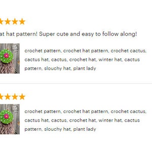 May include: A crochet pattern for a slouchy cactus hat. The pattern includes instructions for a green cactus hat with pink flowers and a brown pot.