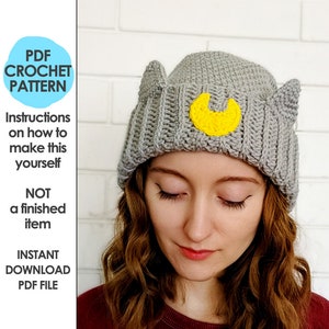 moon cat hat crochet pattern, crochet hat, crochet hat pattern, cat ears, crochet cat hat, crochet beanie, slouchy beanie image 1